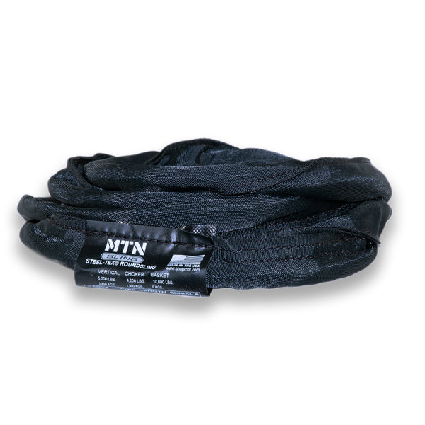 MTN Round Slings Black Steel-Tex– MTN Slings are designed to match theatrical settings and safely perform during all of your lifting applications. For sale in 2', 3', 4', 6', 8' 9', 12' lengths. Best round slings for rigging, lightweight, OSHA certified, black theatrical color. – Now available at MTN Shop US.