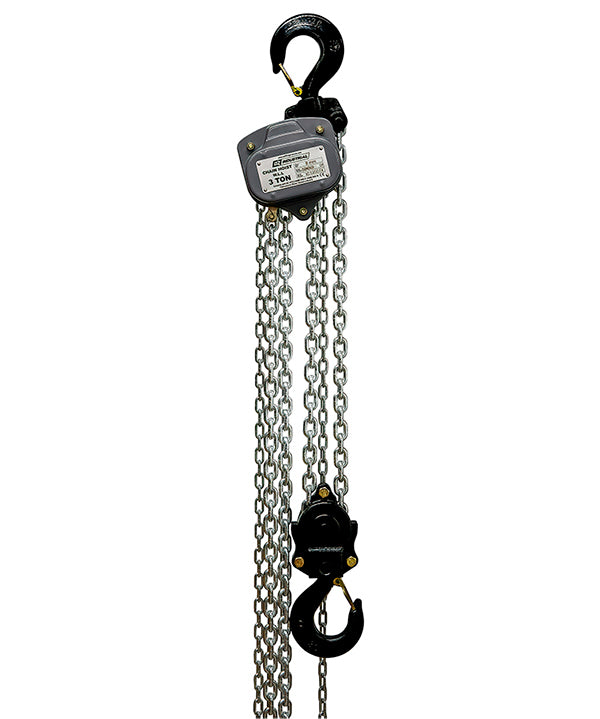 OZ Lifting Industrial Chain Hoist– The Oz Lifting industrial chain hoist is an all-steel chain hoist available in capacities of 0.25 ton, 0.5 ton, 1 ton, 2 ton, 3 ton and 5 ton. The hoist uses a 100% load tested grade 80 alloy chain and features fully enclosed gearing for protection against contaminants and debris. The hoist has load sheave bearings and a long lasting powder coated finish. The steel handle has a rubber grip for easy control and grip. The hoist also has forged alloy steel hooks to securely a