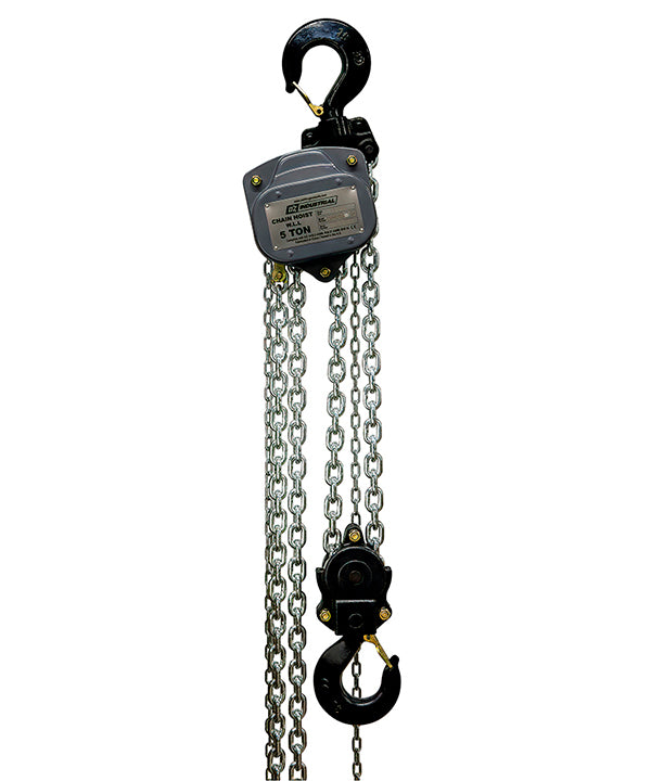 OZ Lifting Industrial Chain Hoist– The Oz Lifting industrial chain hoist is an all-steel chain hoist available in capacities of 0.25 ton, 0.5 ton, 1 ton, 2 ton, 3 ton and 5 ton. The hoist uses a 100% load tested grade 80 alloy chain and features fully enclosed gearing for protection against contaminants and debris. The hoist has load sheave bearings and a long lasting powder coated finish. The steel handle has a rubber grip for easy control and grip. The hoist also has forged alloy steel hooks to securely a