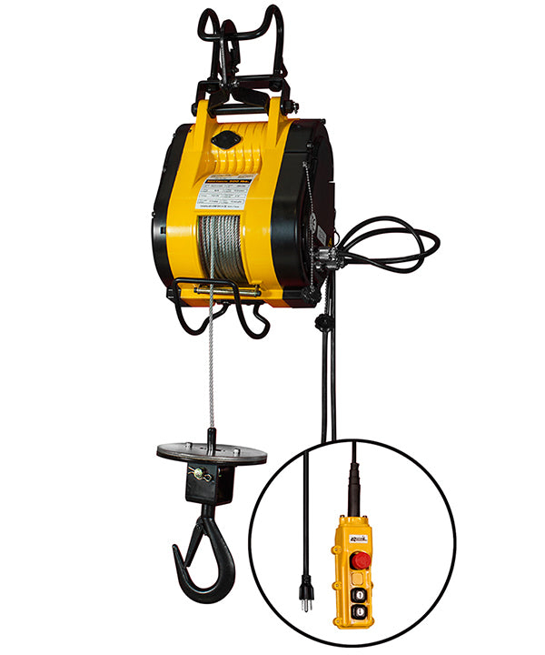 OZ Lifting Builders Hoist– The OZ builder's hoist is a lightweight and compact electric hoist that can be attached to scaffolding or a wall using a bracket for use on site. The hoist has a dynamic, mechanical brake to allow for instant and safe braking. Upper and lower limit switches provide additional safety. The hoist has a galvanized wire rope with a 360-degree weighted hook and a safety latch for smooth and secure lifting. The hoist operates on a standard domestic power supply making it highly versatile