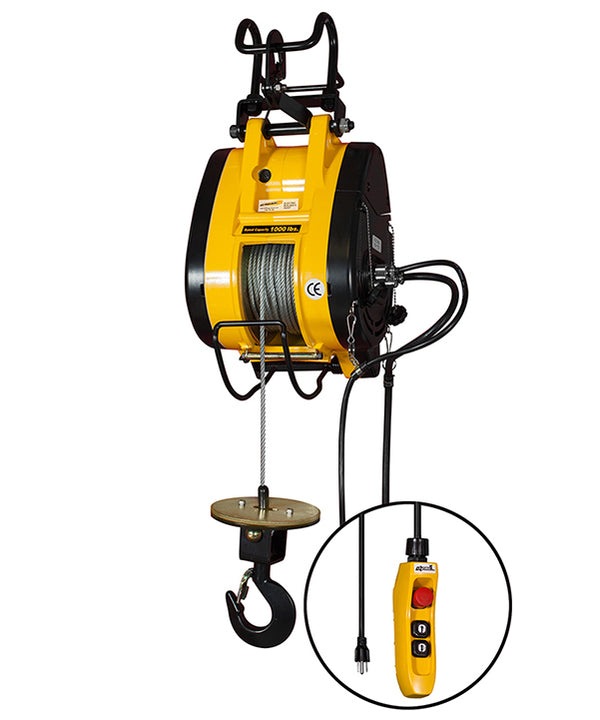 OZ Lifting Builders Hoist– The OZ builder's hoist is a lightweight and compact electric hoist that can be attached to scaffolding or a wall using a bracket for use on site. The hoist has a dynamic, mechanical brake to allow for instant and safe braking. Upper and lower limit switches provide additional safety. The hoist has a galvanized wire rope with a 360-degree weighted hook and a safety latch for smooth and secure lifting. The hoist operates on a standard domestic power supply making it highly versatile