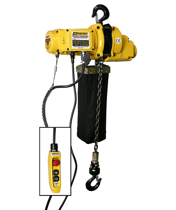 Polipasto eléctrico de cadena OZ Lifting: el polipasto eléctrico de cadena de OZ lifting está diseñado para atender de forma segura y sin esfuerzo sus necesidades de levantamiento pesado. El polipasto se protege de daños por sobrecarga gracias a su sistema de protección contra sobrecargas. El freno de carga funciona con un embrague de fricción de alto rendimiento para intervenir cuando se carga demasiado peso y evitar daños. – Ahora disponible en MTN Shop US. - imagen 2