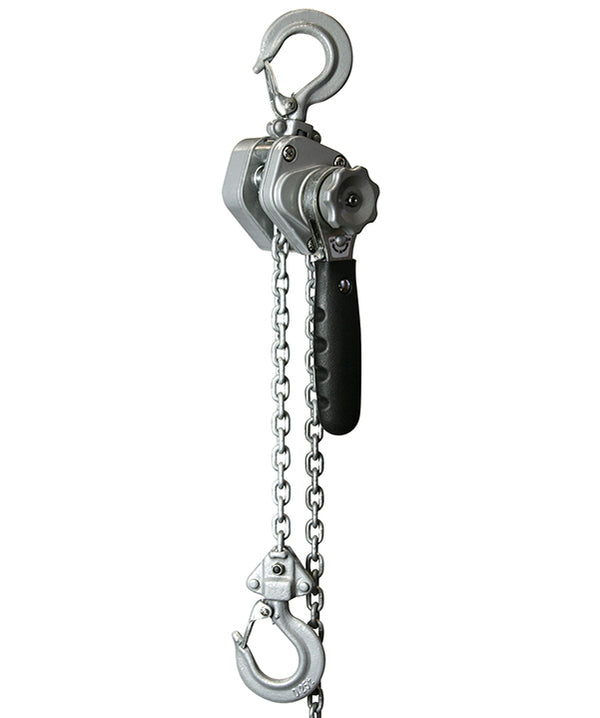 OZ Lifting Industrial Lever Hoist– The Oz Lifting industrial lever hoist is an all steel constructed, lever operated hoist with lifting capacities of 0.75 ton, 1.5 ton and 3 ton, and an aluminum construction 0.25 ton model. The hoist uses a 100% load tested grade 80 alloy chain and features fully enclosed gearing for protection against contaminants and debris. The hoist has load sheave bearings and a long lasting powder coated finish. The steel handle has a rubber grip for easy control and grip. The hoist a