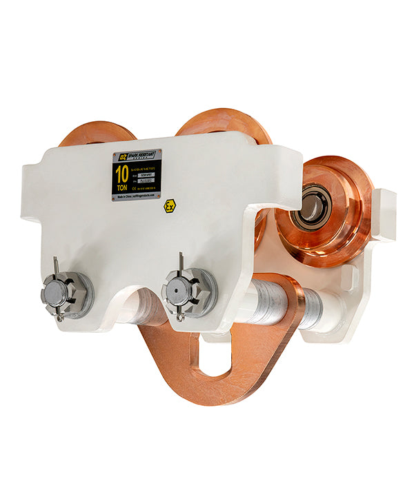 OZ Lifting Spark Resistant Push Beam Trolleys– The Oz Lifting spark resistant push beam trolley is designed for safe use in potentially explosive atmospheres. When working in explosive zones there are extremely strict guidelines and requirements for the equipment you use. OZ Lifting Products’ Spark Resistant Push Beam Trolleys are manufactured in compliance with the EU’s explosion-proof standard ATEX94/9/EC and the Machinery Directive 2006/42/EC. The explosion-proof level can reach: EX II2 GD c IIIC T135°C.