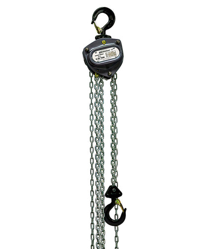 OZ Lifting Industrial Chain Hoist– The Oz Lifting industrial chain hoist is an all-steel chain hoist available in capacities of 0.25 ton, 0.5 ton, 1 ton, 2 ton, 3 ton and 5 ton. The hoist uses a 100% load tested grade 80 alloy chain and features fully enclosed gearing for protection against contaminants and debris. The hoist has load sheave bearings and a long lasting powder coated finish. The steel handle has a rubber grip for easy control and grip. The hoist also has forged alloy steel hooks to securely a