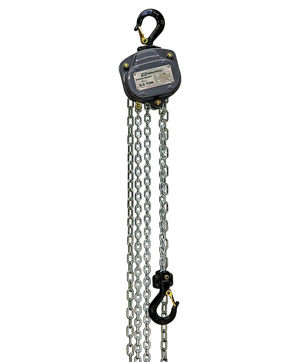 OZ Lifting Industrial Chain Hoist– The Oz Lifting industrial chain hoist is an all-steel chain hoist available in capacities of 0.25 ton, 0.5 ton, 1 ton, 2 ton, 3 ton and 5 ton. The hoist uses a 100% load tested grade 80 alloy chain and features fully enclosed gearing for protection against contaminants and debris. The hoist has load sheave bearings and a long lasting powder coated finish. The steel handle has a rubber grip for easy control and grip. The hoist also has forged alloy steel hooks to securely a