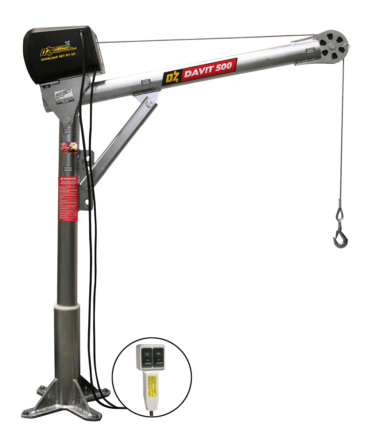 Grúas pescante de acero OZ Lifting: la grúa pescante de acero de OZ Lifting tiene una rotación de 360 ​​grados y está disponible con capacidades de elevación de 500 lb, 1000 lb y 2500 lb. La grúa pescante galvanizada tiene 4 ajustes de altura diferentes para mayor flexibilidad de uso. La grúa viene de serie con un cabrestante manual que incluye un adaptador para taladro eléctrico. También hay opciones de cabrestante eléctrico de CA y CC. – Ahora disponible en MTN Shop US. - imagen 3