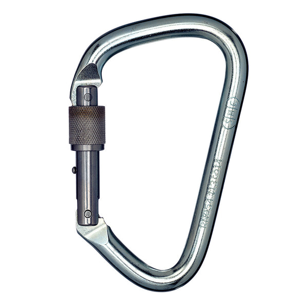 Mosquetón PMI SMC Steel Lock D extra grande – NFPA– El mosquetón SMC XL Steel Lock D tiene una forma de “D” desplazada para colocarlo fácilmente sobre un peldaño de escalera estándar de 1,25". Ideal para rescate con clip extra ancho. Cumple con NFPA: ahora disponible en MTN Shop EE. UU.