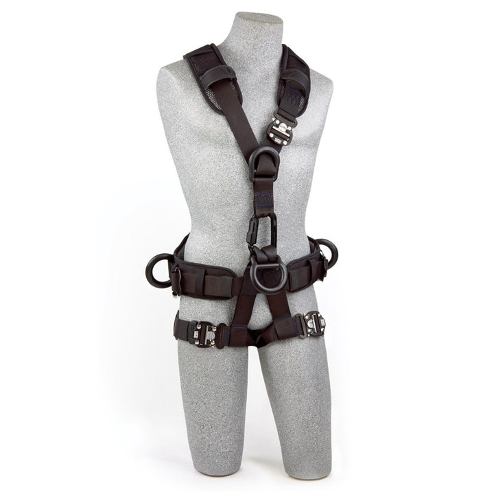 3M™ DBI-SALA® Exofit NEX™ Rope Access/Rescue Harness - Blackout - Front View with Lightweight Aluminum Front and Suspension D-rings, Body Belt/Hip Pad with Side D-rings and Quick Connect Chest and Leg Straps