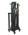 Kuzar Tower Lift K30– Weighing only 103kg the K-30 is capable of lifting 200kg to a height of 5m. The K-30 is a multipurpose tower for the elevation of Audio Systems, Line Array, truss structures, lighting systems, etc. The K-30 lifting tower is the lightest in the range. It is composed of 4 aluminum sections and a steel base provides stability, it comes with two extra lateral supports to provide more muscle when lifting P.A. In addition to four adjustable legs with non-slip rubber saucers. The 4 swivel whe